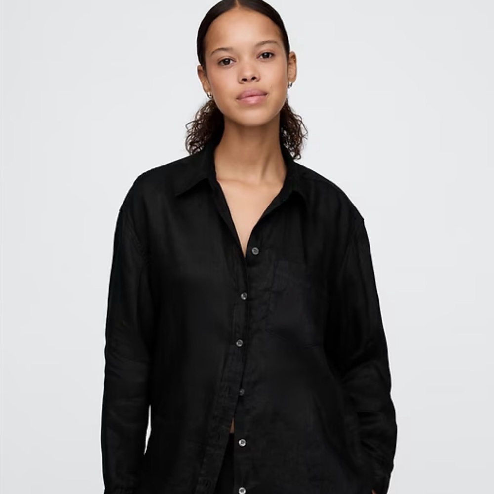 GAP 100% Linen True Black Oversized Button-Up Shirt Petite XS NWT